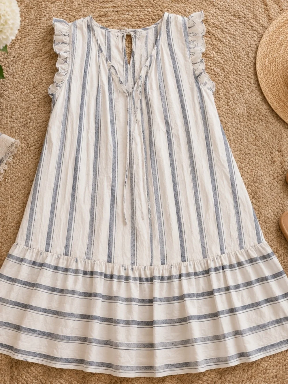 Linen Blend Coastal Stripe Ruffle Sleeve Midi Dress Blue White Cottagecore - Picture 2 of 4